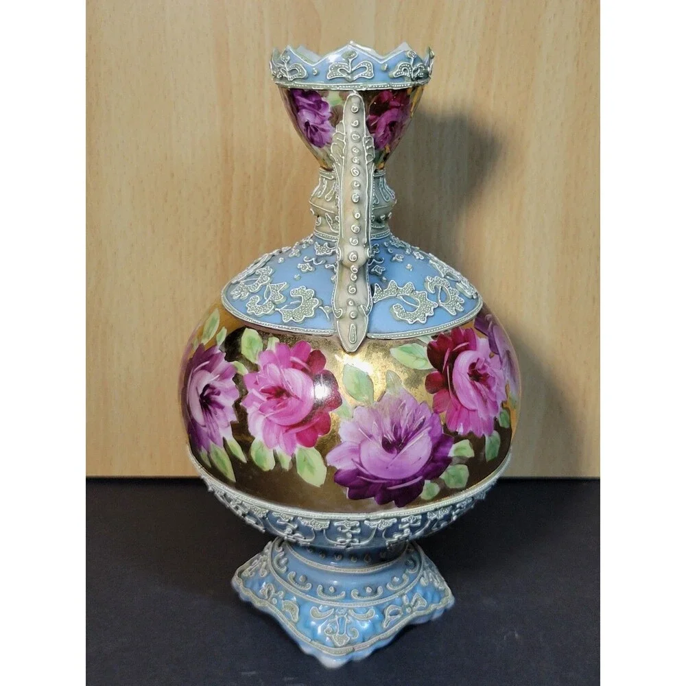 Antique Nippon Moriage Early Hand Painted Twisted Handle Floral Vase